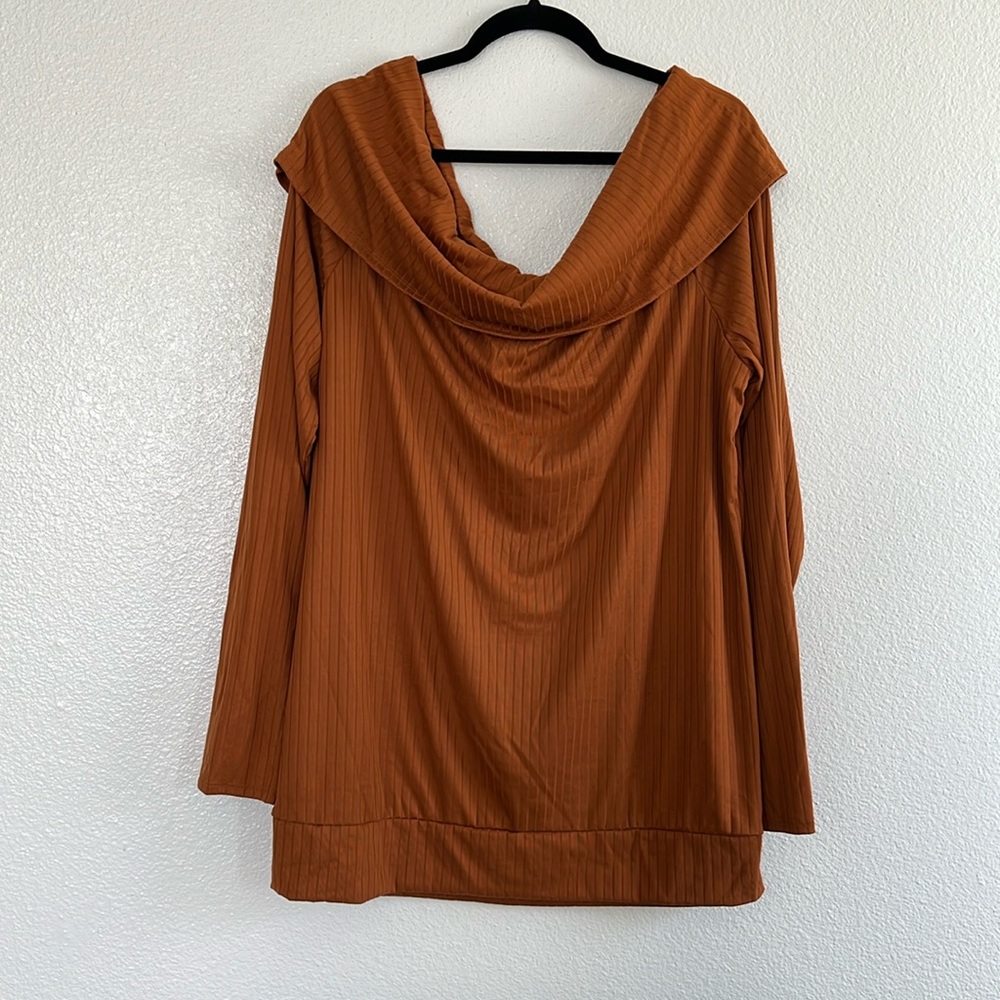 Off-Shoulder Ribbed Long-Sleeve Top - Rust - Picture 2 of 6